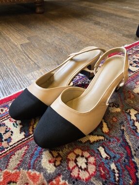 Nude Slingback Pumps with Black Cap-toe
